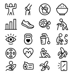 An array of clean, line-drawn illustrations presents various icons related to healthy living, offering a visual guide to wellness.
