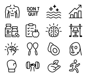 A comprehensive set of meticulously crafted black line art icons illustrating an active lifestyle and wellness, showcasing essential elements for optimal health, fitness, and a balanced existence. 