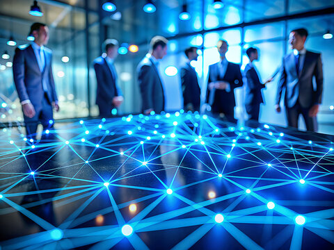 Diverse business professionals gather around a glowing futuristic digital network on a modern conference table - Powered by Adobe