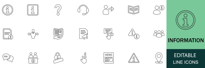 Information line style icon set. Designed for web and mobile app use. Includes icons for info, help desk, user manual, instruction, guidebook, reference, customer help, and assistance services.