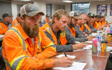Construction workers attending a safety training course in a classroom