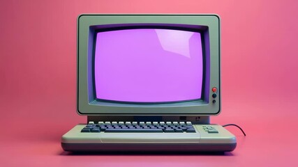 A classic retro computer with a blank display against a bright pink backdrop. The image captures nostalgic tech vibes ideal for vintage-themed designs.