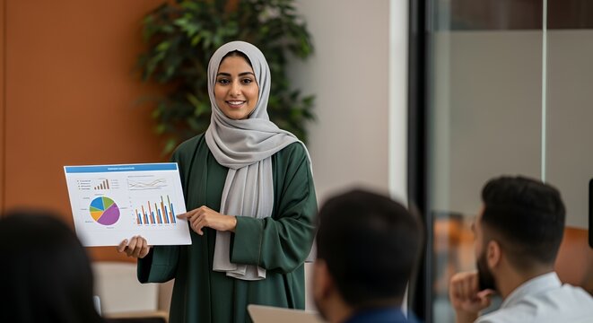 A confident businesswoman in a hijab presents a financial report to colleagues during a meeting.