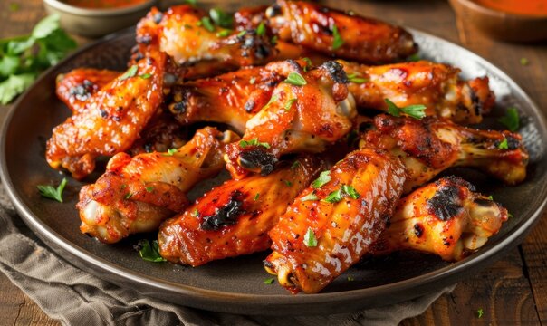 Savory chicken wings with crispy skin on a round serving plate