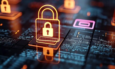 
A digital illustration of a cyber security concept, featuring a padlock and hologram data blocks,  - Powered by Adobe
