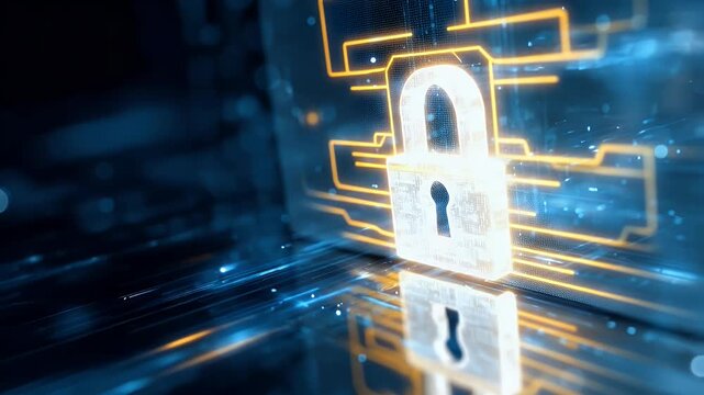 
A digital illustration of a cyber security concept, featuring a padlock and hologram data blocks, 