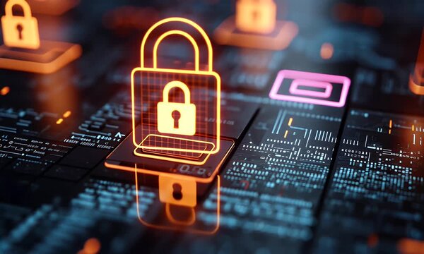 
A digital illustration of a cyber security concept, featuring a padlock and hologram data blocks, 