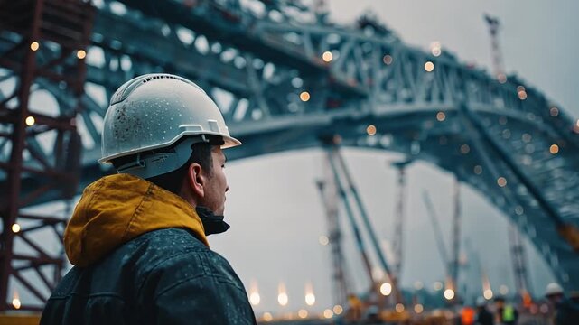 Builder's Vision: A builder in a hard hat stands at the precipice, eyes fixed on the sprawling steel framework of a monumental bridge under construction. He is embodying diligence.