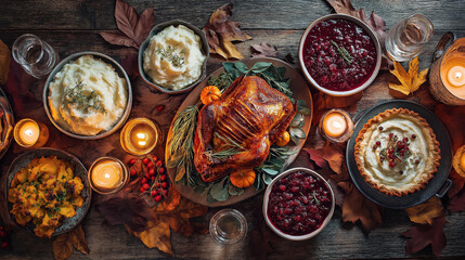 Roasted Turkey Thanksgiving Feast Autumnal Abundance with Mash and cranberry sauce