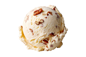 Rich creamy butter pecan ice cream scoop swirled with golden caramel and crunchy pecan pieces, melting drips highlighted, isolated on transparent PNG background for versatile digital cutout