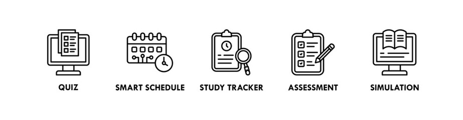 AI in Education banner web icon illustration concept with icon of quiz, smart schedule, study tracker, assessment, and simulation