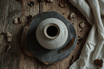 Handmade ceramic vase on rustic wood with feather, leaves, and linen. AI-generated