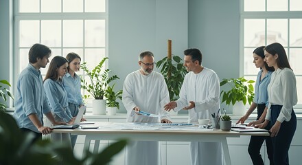 A diverse team of professionals collaborates on a project, reviewing documents and engaging in a productive discussion around a table in a bright, modern .