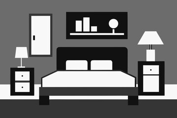 Modern minimalist bedroom interior with a bed nightstands and a door