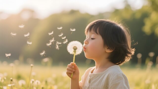 Child blowing dandelion seeds in a sunny field