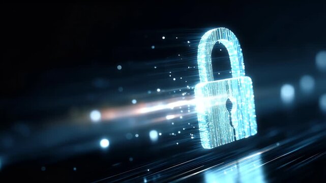
A digital illustration of a cyber security concept, featuring a padlock and hologram data blocks, 