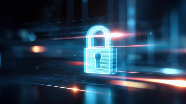 
A digital illustration of a cyber security concept, featuring a padlock and hologram data blocks, 
