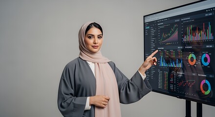 A confident businesswoman in traditional attire analyzes financial data displayed on a large screen, showcasing modern technology and cultural fusion in the workplace.