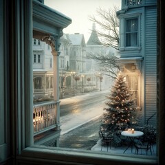 Snowy street scene viewed from a window, showing a decorated Christmas tree and snow-covered houses