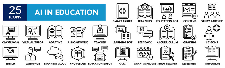 AI in Education icon collection set. Containing design education, technology, digital, ai, innovation