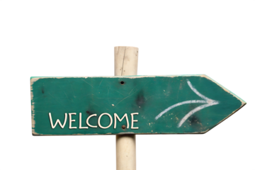 Rustic green directional welcome sign with arrow isolated on a transparent background