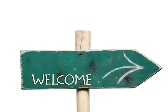 Rustic green directional welcome sign with arrow isolated on a transparent background
