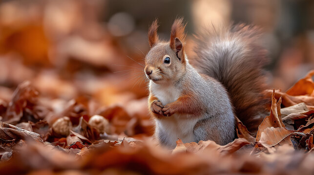 Cute Squirrel Portrait in Autumn Leaves with Furry Tail Fall Season
