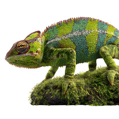 Obraz premium A striking chameleon with vibrant green and blue patterns sits on a mossy stone on transparent background