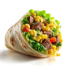 A partially unwrapped burrito filled with seasoned beef, corn, lettuce, and bell peppers, set against a stark white background