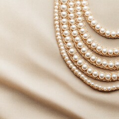 Elegant multi-strand pearl necklace rests on creamy satin fabric, showcasing lustrous pearls and delicate gold accents