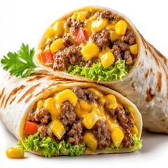 Two halved flour tortillas filled with seasoned ground beef, corn, lettuce, tomato, and melted cheese, displayed against a white background