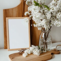 A minimalist scene featuring a blank frame, wooden cutting boards, and a glass jar filled with white blossoms
