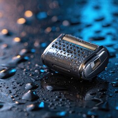 Wet, metallic razor cartridge rests on a dark, glistening surface, water droplets scattered around