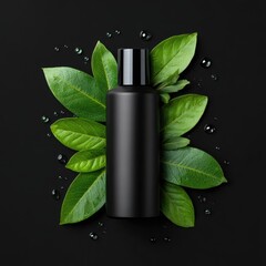 Matte black bottle surrounded by vibrant green leaves and water droplets on a dark background
