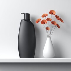 Sleek black pump bottle beside a vase of orange flowers on a minimalist white shelf against a white wall