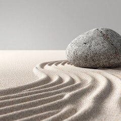 A smooth, grey stone rests on pale sand, beside gently curving raked lines, suggesting serenity and contemplation within a minimalist Zen garden