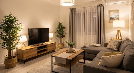 Cozy Living Room with Modern Furniture and Warm Lighting