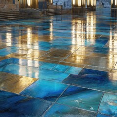 Wet, reflective mosaic pavement at night, reflecting golden lights from grand architecture in the background