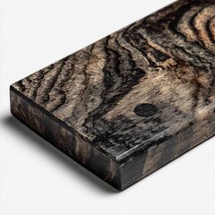 Polished dark wood slab with swirling grain patterns, showing rich black and grey tones, smooth surface, and subtle knot