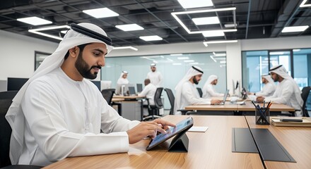 A businessman in traditional Middle Eastern attire uses a tablet computer in a modern, brightly lit setting, surrounded by colleagues.