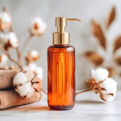 Amber glass pump bottle of lotion or oil sits on marble surface, flanked by cotton blooms and folded towels