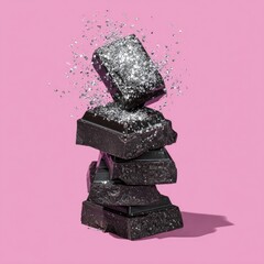 Dark chocolate pieces, some dusted with silver glitter, precariously stacked against a pink background, with glitter particles suspended in mid-air