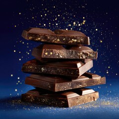A stack of dark chocolate pieces with visible inclusions,  sprinkled with golden glitter against a dark blue background