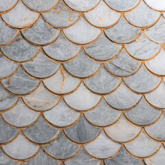 Close-up of a textured surface composed of numerous semi-circular, grey and white stone tiles arranged in overlapping rows, resembling fish scales, set in a tan grout