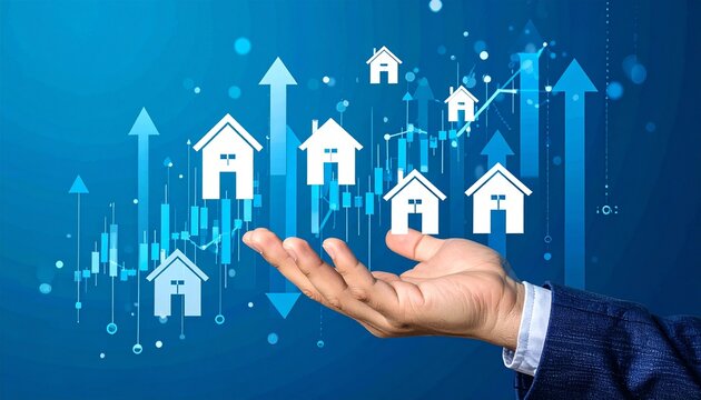 Hand presents real estate growth with rising arrow chart for investment, market analysis, stats