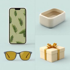 Smartphone with leaf wallpaper, amber glasses, and a gift box in a minimalist presentation