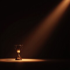 A golden trophy sits on a dark surface, illuminated by a single spotlight, casting a warm glow