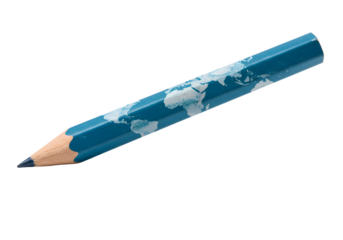 Inspiring blue pencil creatively adorned with a detailed world map, symbolizing global ideas and education