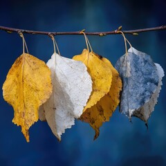 Four autumn leaves, yellow, white, and grey-blue, hang from a slender branch against a deep blue backdrop; showcasing the stages of decay