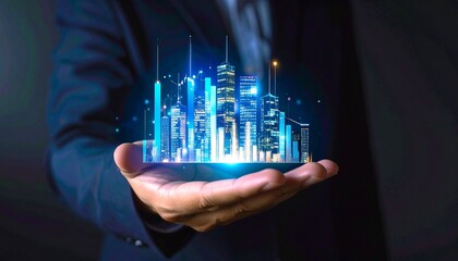 Man holds digital city hologram in palm; futuristic, urban progress, growth in dark background